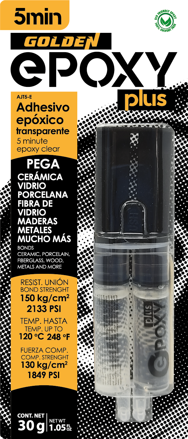 AJT5-E - Epoxy Líquido Transparente en Jeringa 5 Minutos Golden Epoxy Plus