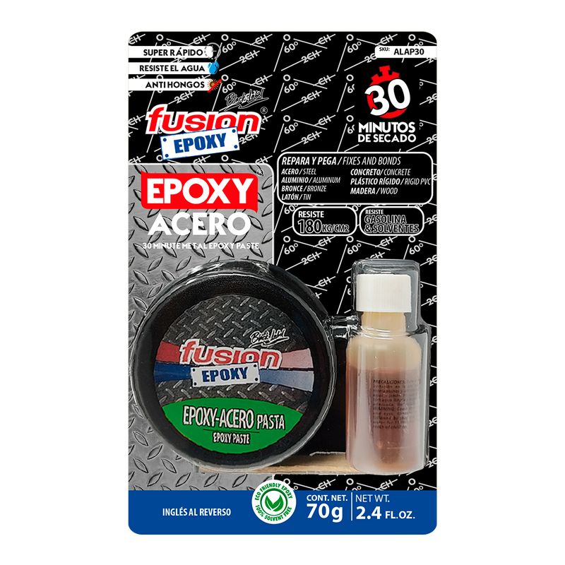 Imagen frontal de Fusion Epoxy ALAP30 Adhesivo Epóxico Acero Pasta 30 Minutos, fondo transparente, fuerza de unión 2560 PSI, compresión 4267 PSI, resistencia térmica 356 °F.