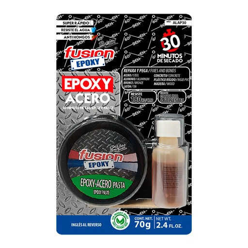 Imagen frontal de Fusion Epoxy ALAP30 Adhesivo Epóxico Acero Pasta 30 Minutos, fondo transparente, fuerza de unión 2560 PSI, compresión 4267 PSI, resistencia térmica 356 °F.