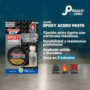 Infografía con características y beneficios de Fusion Epoxy ALAP5 Adhesivo Epóxico Acero Pasta 5 Minutos, adhesión 2276 PSI, compresión 3556 PSI, secado rápido, resistencia térmica 356 °F.