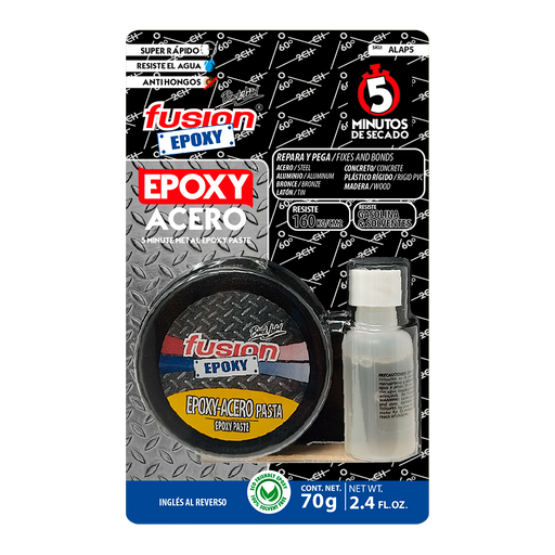 Imagen frontal de Fusion Epoxy ALAP5 Adhesivo Epóxico Acero Pasta 5 Minutos, fondo transparente, fórmula con partículas de acero, fuerza de unión 2276 PSI, compresión 3556 PSI, temperatura máxima 356 °F.