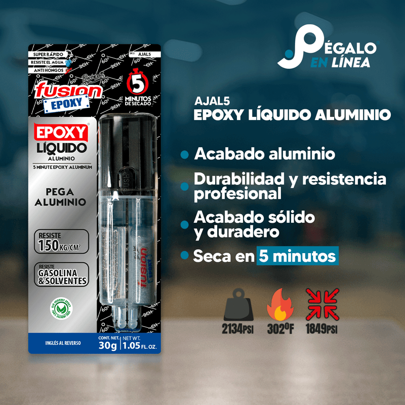 Infografía con características y beneficios de Fusion Epoxy AJAL5 adhesivo epóxico para aluminio, secado 5 min, fuerza 2134 PSI, compresión 1849 PSI, resistencia 302 °F.