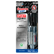Imagen frontal de Fusion Epoxy AJAL5 adhesivo epóxico líquido en jeringa 5 minutos, fuerza 2134 PSI, compresión 1849 PSI, resistencia térmica 302 °F, ideal para aluminio.