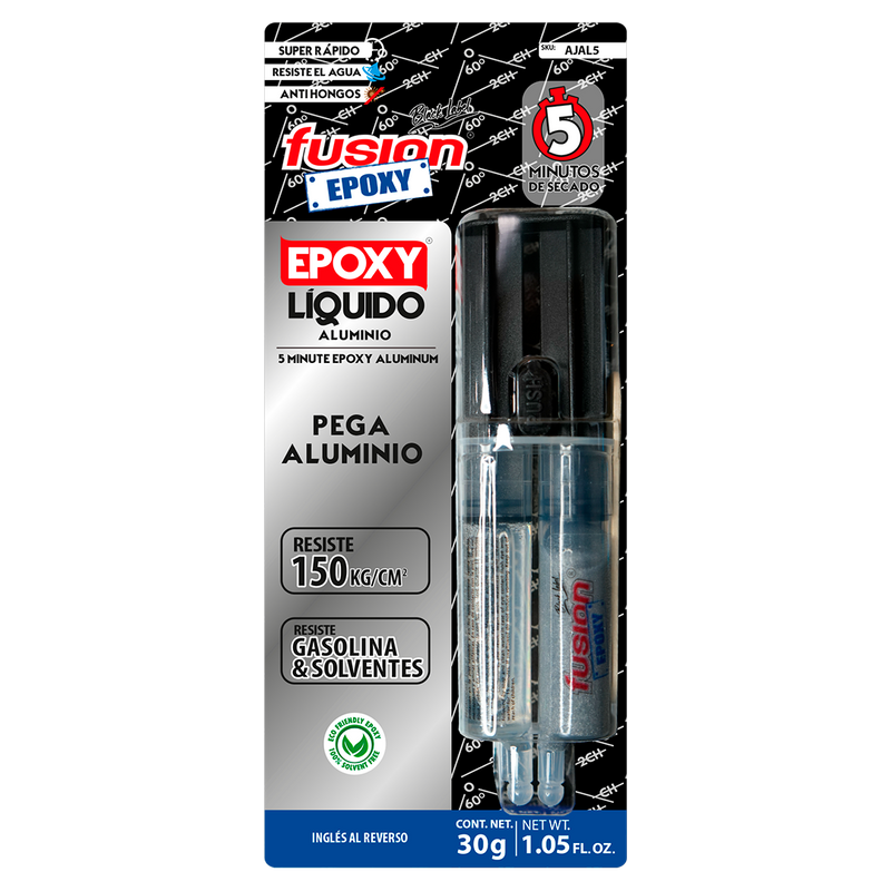 Imagen frontal de Fusion Epoxy AJAL5 adhesivo epóxico líquido en jeringa 5 minutos, fuerza 2134 PSI, compresión 1849 PSI, resistencia térmica 302 °F, ideal para aluminio.