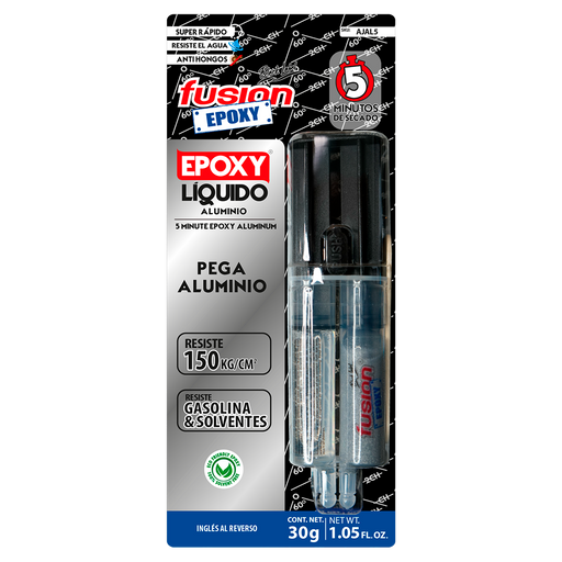 Imagen frontal de Fusion Epoxy AJAL5 adhesivo epóxico líquido en jeringa 5 minutos, fuerza 2134 PSI, compresión 1849 PSI, resistencia térmica 302 °F, ideal para aluminio.