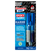 Imagen frontal de Fusion Epoxy AJMB60 adhesivo epóxico azul submarino 5 minutos, fuerza 2560 PSI, compresión 2134 PSI, temperatura máxima 302 °F.