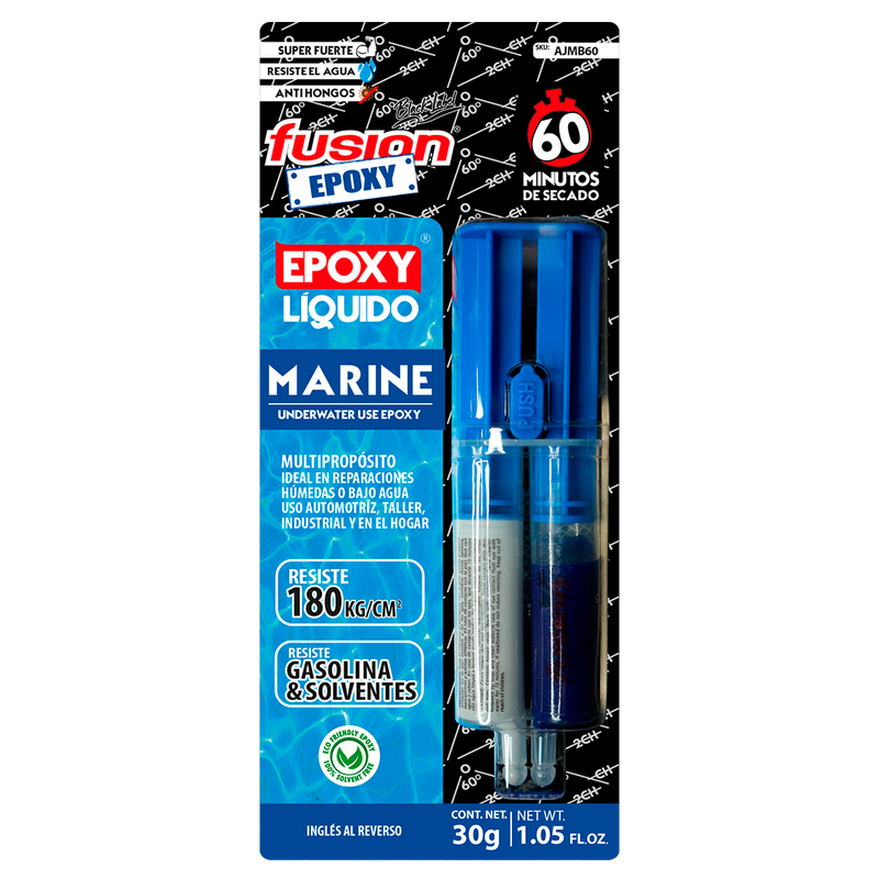 Imagen frontal de Fusion Epoxy AJMB60 adhesivo epóxico azul submarino 5 minutos, fuerza 2560 PSI, compresión 2134 PSI, temperatura máxima 302 °F.