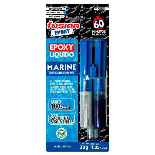 Imagen frontal de Fusion Epoxy AJMB60 adhesivo epóxico azul submarino 5 minutos, fuerza 2560 PSI, compresión 2134 PSI, temperatura máxima 302 °F.