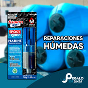 Fusion Epoxy AJMB60 adhesivo epóxico azul que pega en superficies húmedas o bajo el agua, ideal para plomería, piscinas y estructuras marinas.