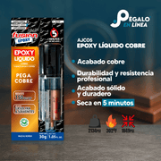 Infografía con características y beneficios de Fusion Epoxy AJCO5 adhesivo epóxico para cobre, secado 5 min, fuerza 2134 PSI, compresión 1849 PSI, resistencia 302 °F.