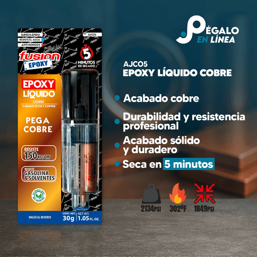 Infografía con características y beneficios de Fusion Epoxy AJCO5 adhesivo epóxico para cobre, secado 5 min, fuerza 2134 PSI, compresión 1849 PSI, resistencia 302 °F.