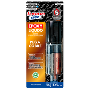 Imagen frontal de Fusion Epoxy AJCO5 adhesivo epóxico líquido 5 minutos en jeringa, fuerza 2134 PSI, compresión 1849 PSI, resistencia térmica 302 °F, ideal para cobre.