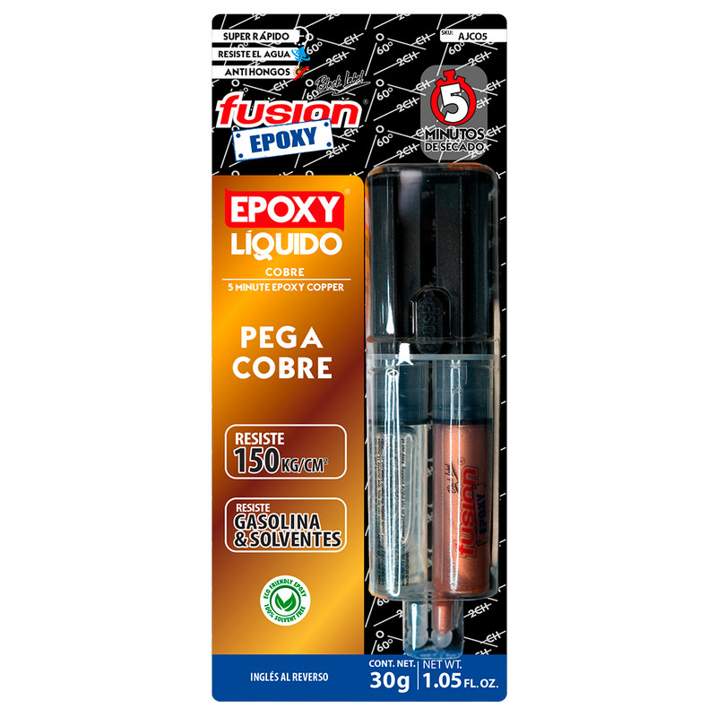 Imagen frontal de Fusion Epoxy AJCO5 adhesivo epóxico líquido 5 minutos en jeringa, fuerza 2134 PSI, compresión 1849 PSI, resistencia térmica 302 °F, ideal para cobre.