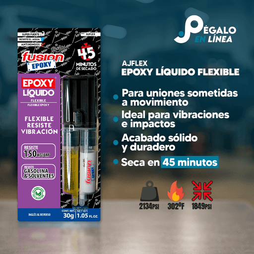 Infografía con características y beneficios de Fusion Epoxy AJFLEX adhesivo flexible, fuerza 2134 PSI, compresión 1849 PSI, resistencia térmica 302 °F.