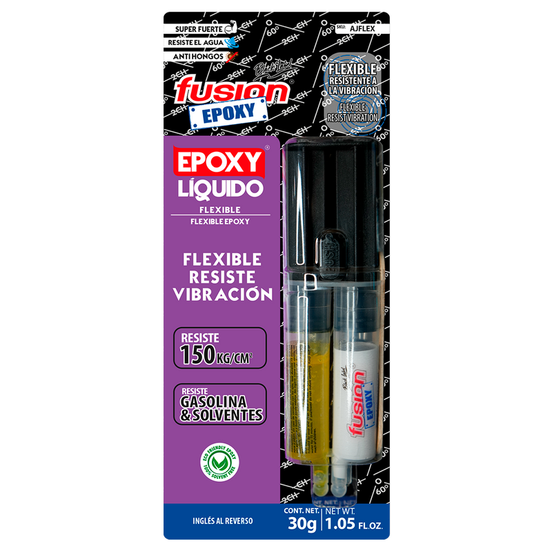 Imagen frontal de Fusion Epoxy AJFLEX adhesivo epóxico flexible, fuerza 2134 PSI, compresión 1849 PSI, resistencia térmica 302 °F, presentación en jeringa.