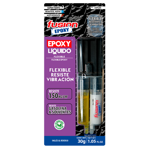 Imagen frontal de Fusion Epoxy AJFLEX adhesivo epóxico flexible, fuerza 2134 PSI, compresión 1849 PSI, resistencia térmica 302 °F, presentación en jeringa.