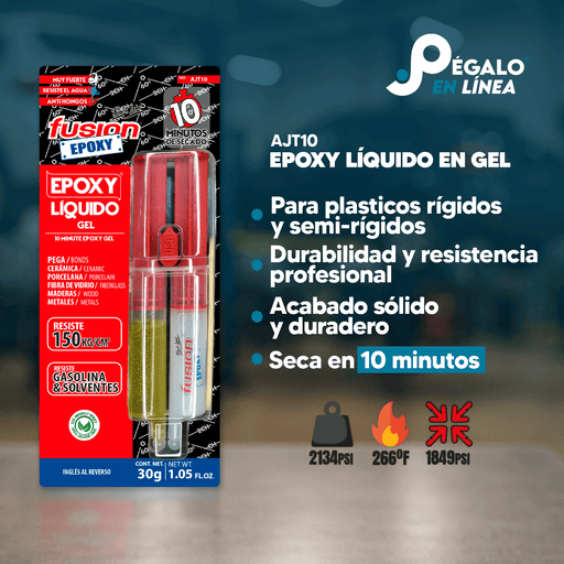 Infografía con características y beneficios de Fusion Epoxy AJT10 adhesivo en gel, secado 10 min, fuerza 2134 PSI, compresión 1849 PSI, resistencia 266 °F.