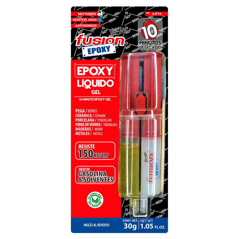Imagen frontal de Fusion Epoxy AJT10 adhesivo epóxico en gel 10 minutos, para plásticos rígidos, fuerza 2134 PSI, compresión 1849 PSI, resistencia térmica 266 °F.