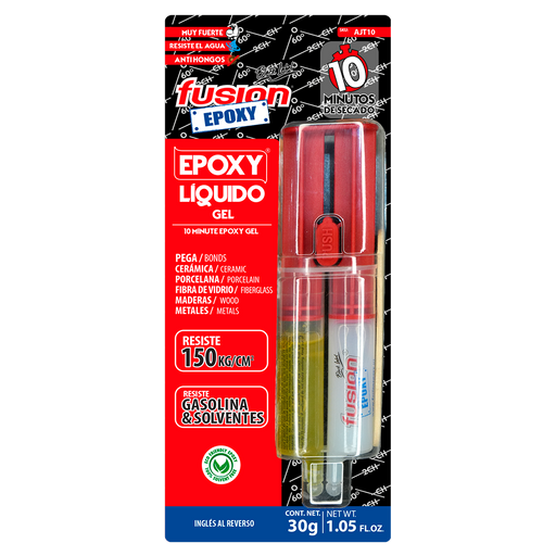 Imagen frontal de Fusion Epoxy AJT10 adhesivo epóxico en gel 10 minutos, para plásticos rígidos, fuerza 2134 PSI, compresión 1849 PSI, resistencia térmica 266 °F.