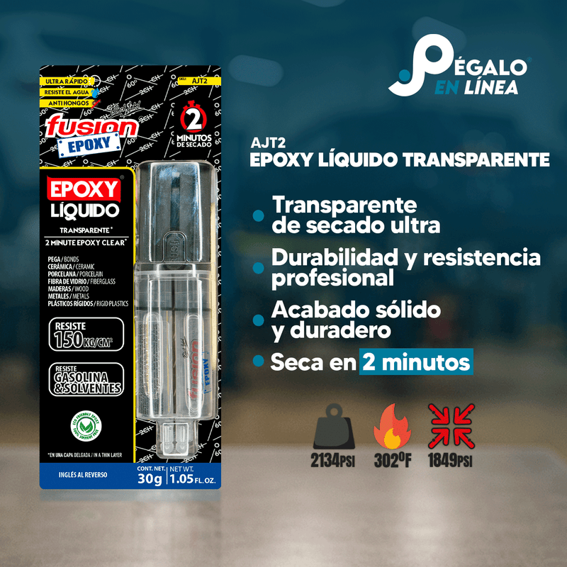 Infografía con características y beneficios de Fusion Epoxy AJT2 adhesivo epóxico líquido, fuerza 2134 PSI, compresión 1849 PSI, resistencia 302 °F, secado 2 minutos.