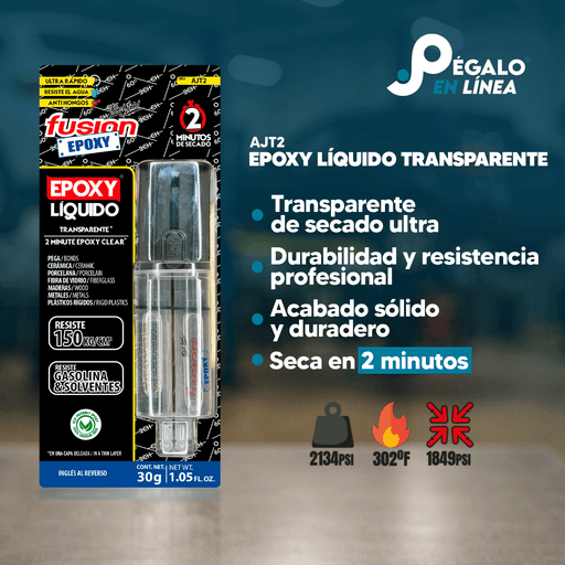Infografía con características y beneficios de Fusion Epoxy AJT2 adhesivo epóxico líquido, fuerza 2134 PSI, compresión 1849 PSI, resistencia 302 °F, secado 2 minutos.