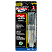 Imagen frontal de Fusion Epoxy AJT2 adhesivo epóxico líquido en jeringa, fuerza 2134 PSI, compresión 1849 PSI, resistencia 302 °F, ideal para reparaciones precisas en metal, plástico y cerámica, secado 2 minutos.