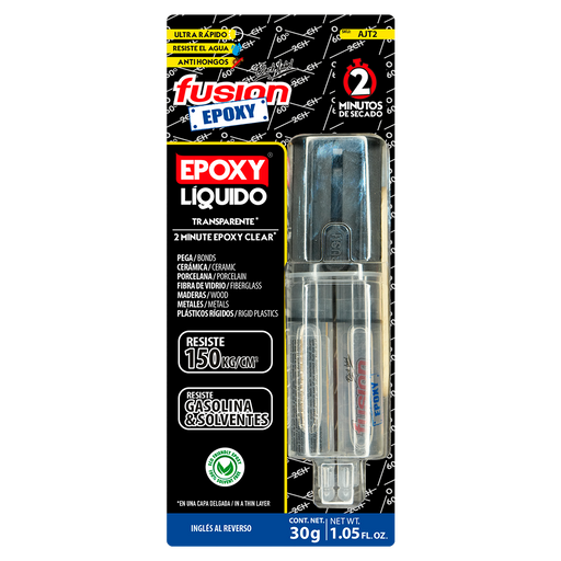 Imagen frontal de Fusion Epoxy AJT2 adhesivo epóxico líquido en jeringa, fuerza 2134 PSI, compresión 1849 PSI, resistencia 302 °F, ideal para reparaciones precisas en metal, plástico y cerámica, secado 2 minutos.