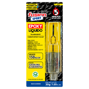 Imagen frontal de Fusion Epoxy AJT5 adhesivo epóxico líquido en jeringa, fuerza 2134 PSI, compresión 1849 PSI, resistencia 302 °F, ideal para reparaciones precisas en metal, plástico y cerámica.