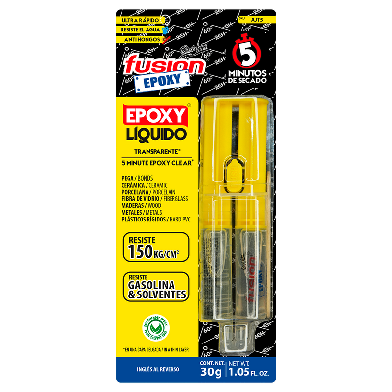 Imagen frontal de Fusion Epoxy AJT5 adhesivo epóxico líquido en jeringa, fuerza 2134 PSI, compresión 1849 PSI, resistencia 302 °F, ideal para reparaciones precisas en metal, plástico y cerámica.
