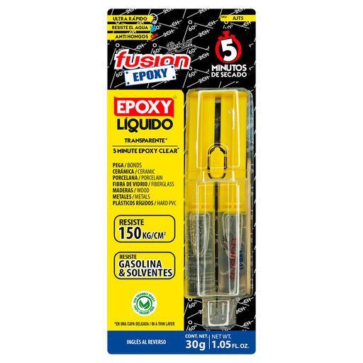 Imagen frontal de Fusion Epoxy AJT5 adhesivo epóxico líquido en jeringa, fuerza 2134 PSI, compresión 1849 PSI, resistencia 302 °F, ideal para reparaciones precisas en metal, plástico y cerámica.