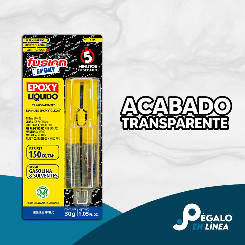 Fusion Epoxy AJT5 adhesivo epóxico líquido en jeringa que pega metal, plástico, cerámica y otros materiales rígidos con precisión.