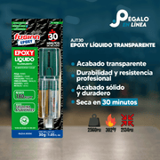 Infografía con características y beneficios de Fusion Epoxy AJT30 adhesivo líquido en jeringa, secado 30 min, fuerza 2560 PSI, compresión 2134 PSI, resistencia 302 °F.