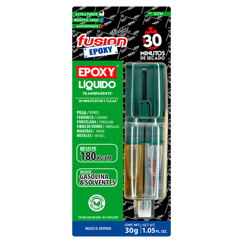 Imagen frontal de Fusion Epoxy AJT30 adhesivo epóxico líquido en jeringa 30 minutos, fuerza 2560 PSI, compresión 2134 PSI, resistencia térmica 302 °F.