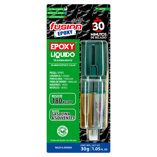 Imagen frontal de Fusion Epoxy AJT30 adhesivo epóxico líquido en jeringa 30 minutos, fuerza 2560 PSI, compresión 2134 PSI, resistencia térmica 302 °F.