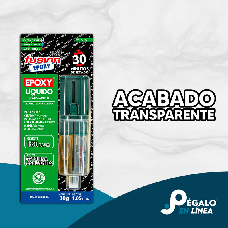 Fusion Epoxy AJT30 adhesivo epóxico líquido en jeringa que pega plásticos rígidos y otros materiales con secado de 30 minutos.