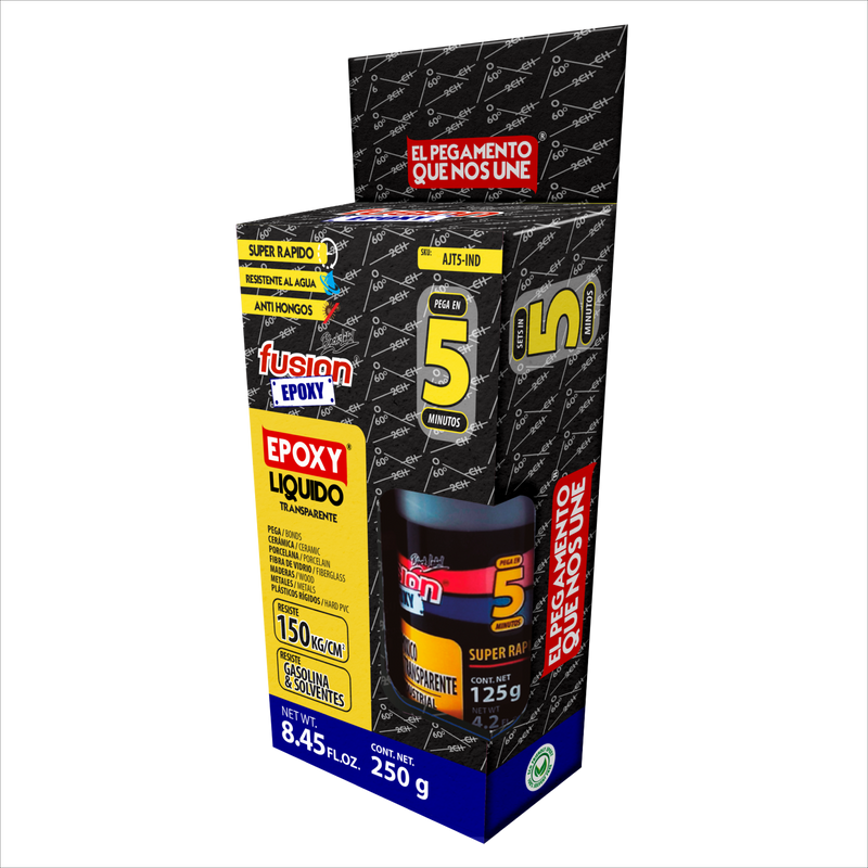 Imagen lateral de Fusion Epoxy AJT5-IND adhesivo líquido transparente de secado rápido, aplicación limpia y controlada.