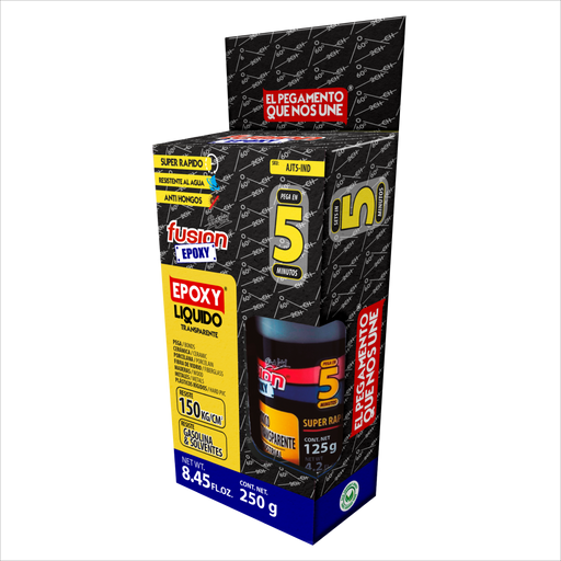 Imagen lateral de Fusion Epoxy AJT5-IND adhesivo líquido transparente de secado rápido, aplicación limpia y controlada.