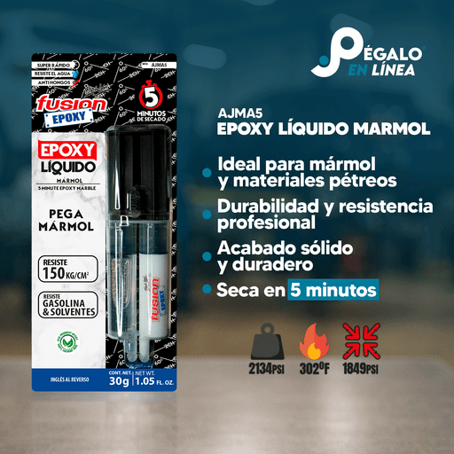 Infografía con características y beneficios de Fusion Epoxy AJMA5 adhesivo para mármol, secado 5 min, fuerza 2134 PSI, compresión 1849 PSI, resistencia térmica 302 °F.