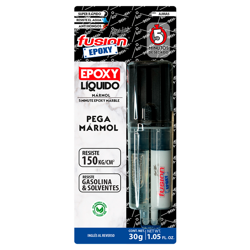 Imagen frontal de Fusion Epoxy AJMA5 Adhesivo Epóxico Mármol 5 Minutos, presentación en jeringa doble, fuerza 2134 PSI, compresión 1849 PSI, temperatura máxima 302 °F.