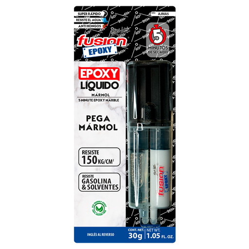 Imagen frontal de Fusion Epoxy AJMA5 Adhesivo Epóxico Mármol 5 Minutos, presentación en jeringa doble, fuerza 2134 PSI, compresión 1849 PSI, temperatura máxima 302 °F.