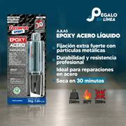 Infografía con características y beneficios de Fusion Epoxy AJLA30 adhesivo metálico, secado 30 min, fuerza 2569 PSI, compresión 2560 PSI, resistencia 302 °F.