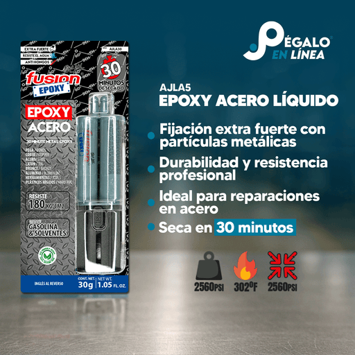 Infografía con características y beneficios de Fusion Epoxy AJLA30 adhesivo metálico, secado 30 min, fuerza 2569 PSI, compresión 2560 PSI, resistencia 302 °F.