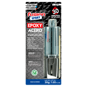 Imagen frontal de Fusion Epoxy AJLA30 adhesivo epóxico en jeringa 30 minutos, reforzado con partículas metálicas, fuerza 2569 PSI, compresión 2560 PSI, resistencia 302 °F.