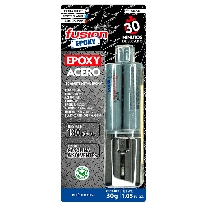 Imagen frontal de Fusion Epoxy AJLA30 adhesivo epóxico en jeringa 30 minutos, reforzado con partículas metálicas, fuerza 2569 PSI, compresión 2560 PSI, resistencia 302 °F.