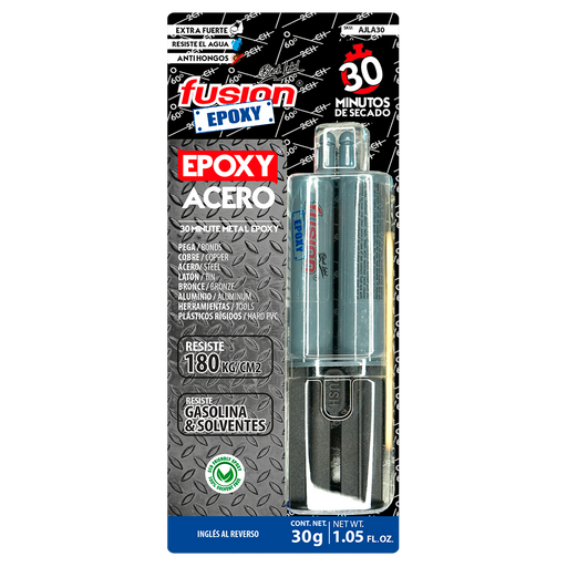 Imagen frontal de Fusion Epoxy AJLA30 adhesivo epóxico en jeringa 30 minutos, reforzado con partículas metálicas, fuerza 2569 PSI, compresión 2560 PSI, resistencia 302 °F.