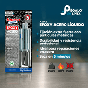 Infografía con características y beneficios de Fusion Epoxy AJLA5 adhesivo epóxico metálico, secado 5 min, fuerza 2134 PSI, compresión 2134 PSI, resistencia 302 °F.