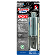 Imagen frontal de Fusion Epoxy AJLA5 adhesivo epóxico jeringa 5 minutos, reforzado con partículas metálicas, fuerza 2134 PSI, compresión 2134 PSI, resistencia 302 °F.