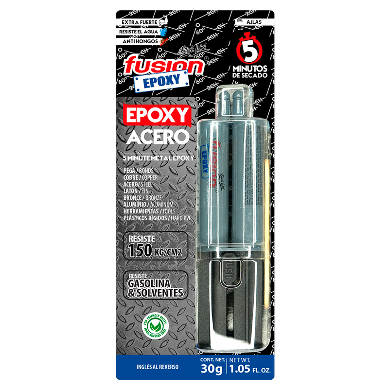 Imagen frontal de Fusion Epoxy AJLA5 adhesivo epóxico jeringa 5 minutos, reforzado con partículas metálicas, fuerza 2134 PSI, compresión 2134 PSI, resistencia 302 °F.