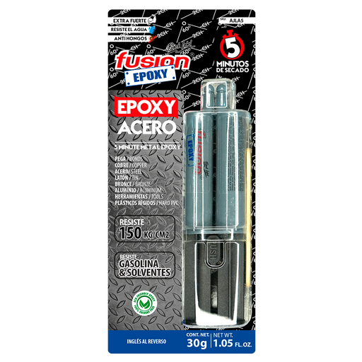 Imagen frontal de Fusion Epoxy AJLA5 adhesivo epóxico jeringa 5 minutos, reforzado con partículas metálicas, fuerza 2134 PSI, compresión 2134 PSI, resistencia 302 °F.