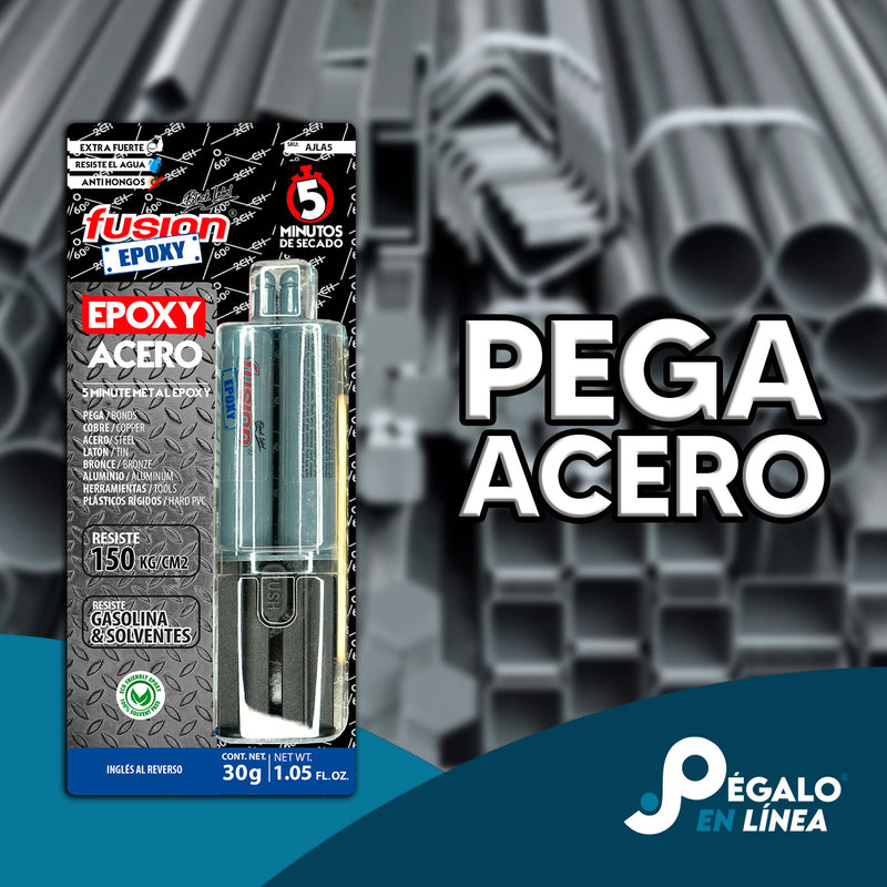 Fusion Epoxy AJLA5 adhesivo epóxico que pega acero y otras superficies metálicas con fuerza 2134 PSI y secado rápido 5 min.